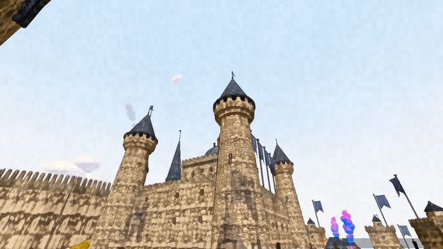 A towering stone keep with conical spires
