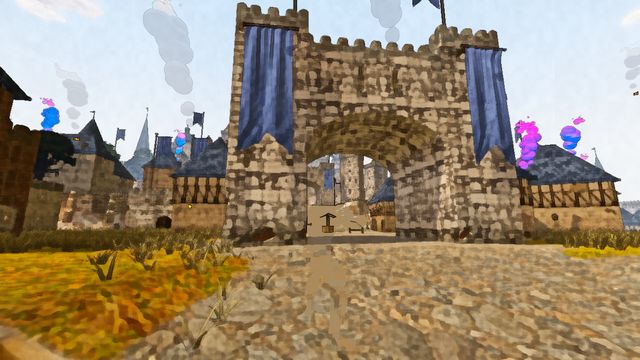 Stone market square in the capital, banners and towers behind