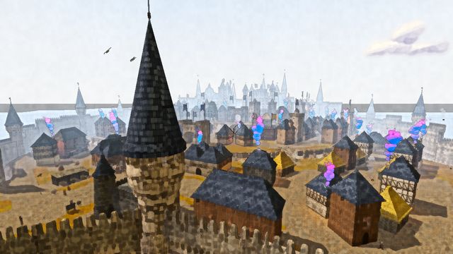 Slate rooftops and a dark spire over the capital's wards