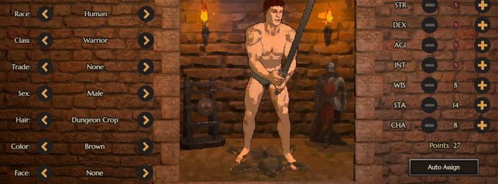 The character creation screen: race, class and trade pickers, a hero standing in a torchlit room, and stat sliders