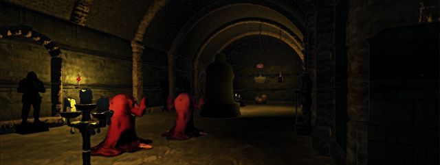 Dark vaulted hall with red, hooded figures beside a candelabra