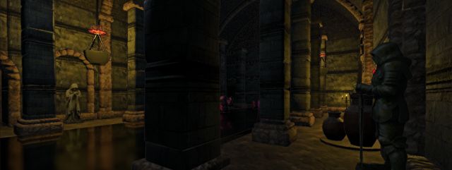 Flooded pillared nave with an armored statue in the foreground