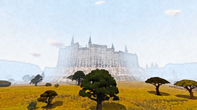 Golden grassland with flat-topped trees and a pale castle on the horizon