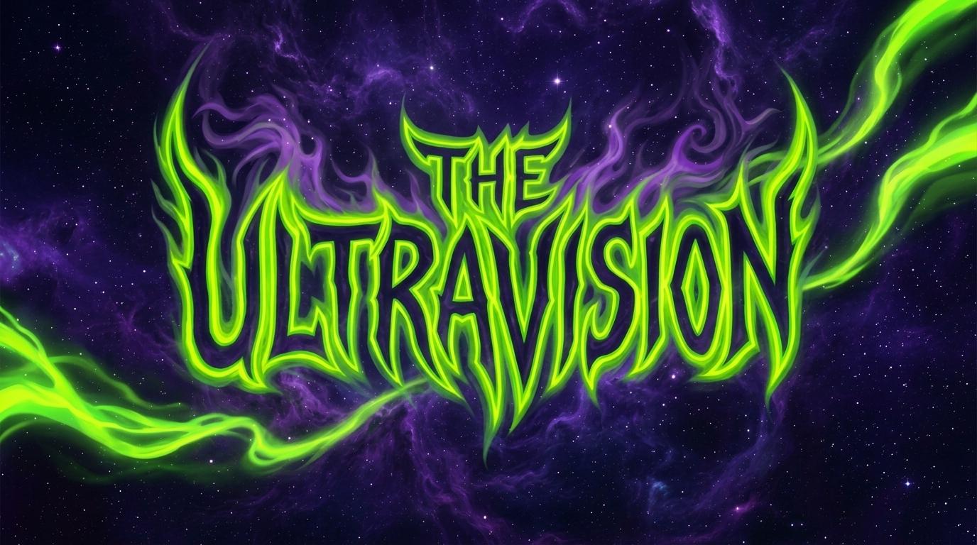 The Ultravision title art: acid green lettering over a violet star field