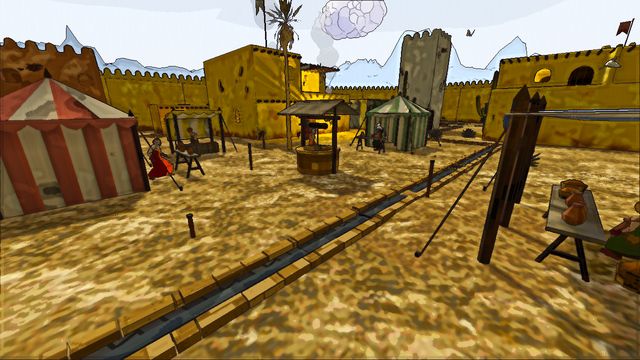 Sandstone town square with a stone well and striped market tents