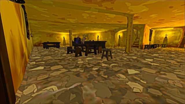 Lamp-lit tavern room with benches and tables