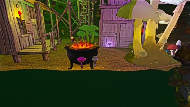 A bubbling cauldron between goblin shacks and giant mushrooms