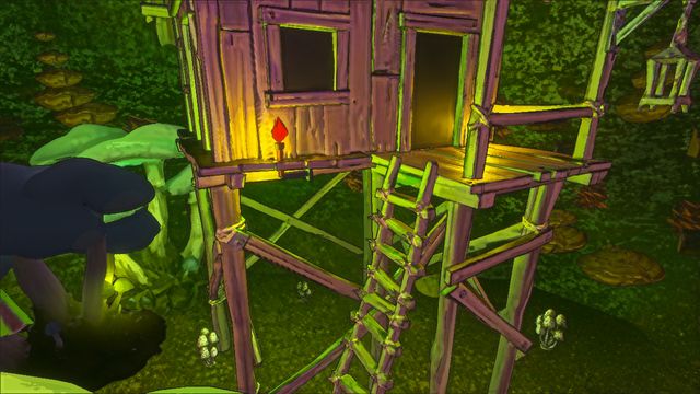 Goblin shack on stilts in a mossy cave lit by glowing mushrooms